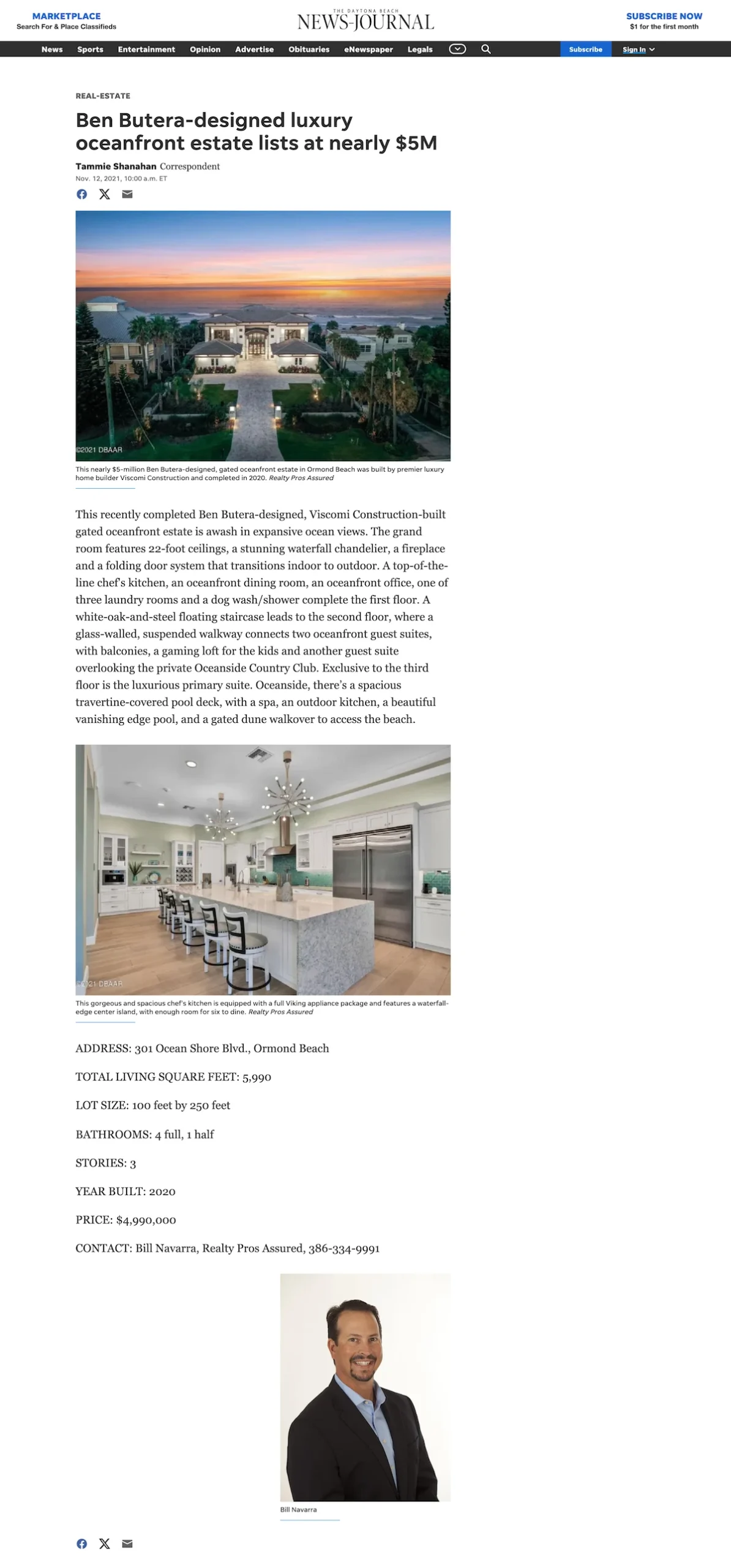 The Daytona Beach News-Journal - Ben Butera-designed luxury oceanfront estate lists at nearly 5M