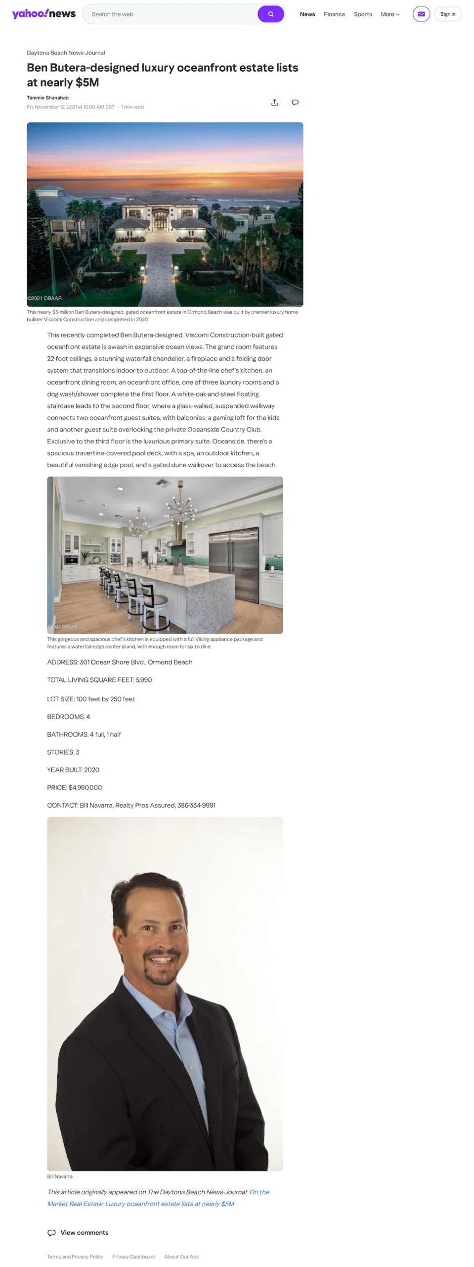 Yahoo News - Ben Butera-designed luxury oceanfront estate lists at nearly 5M