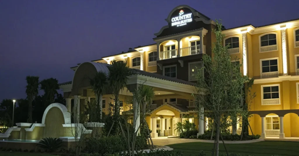 Country Inn & Suites Port Orange4- Country Inn & Suites pet-friendly hotel near Daytona Beach with water fountain by Florida architect Ben Butera.