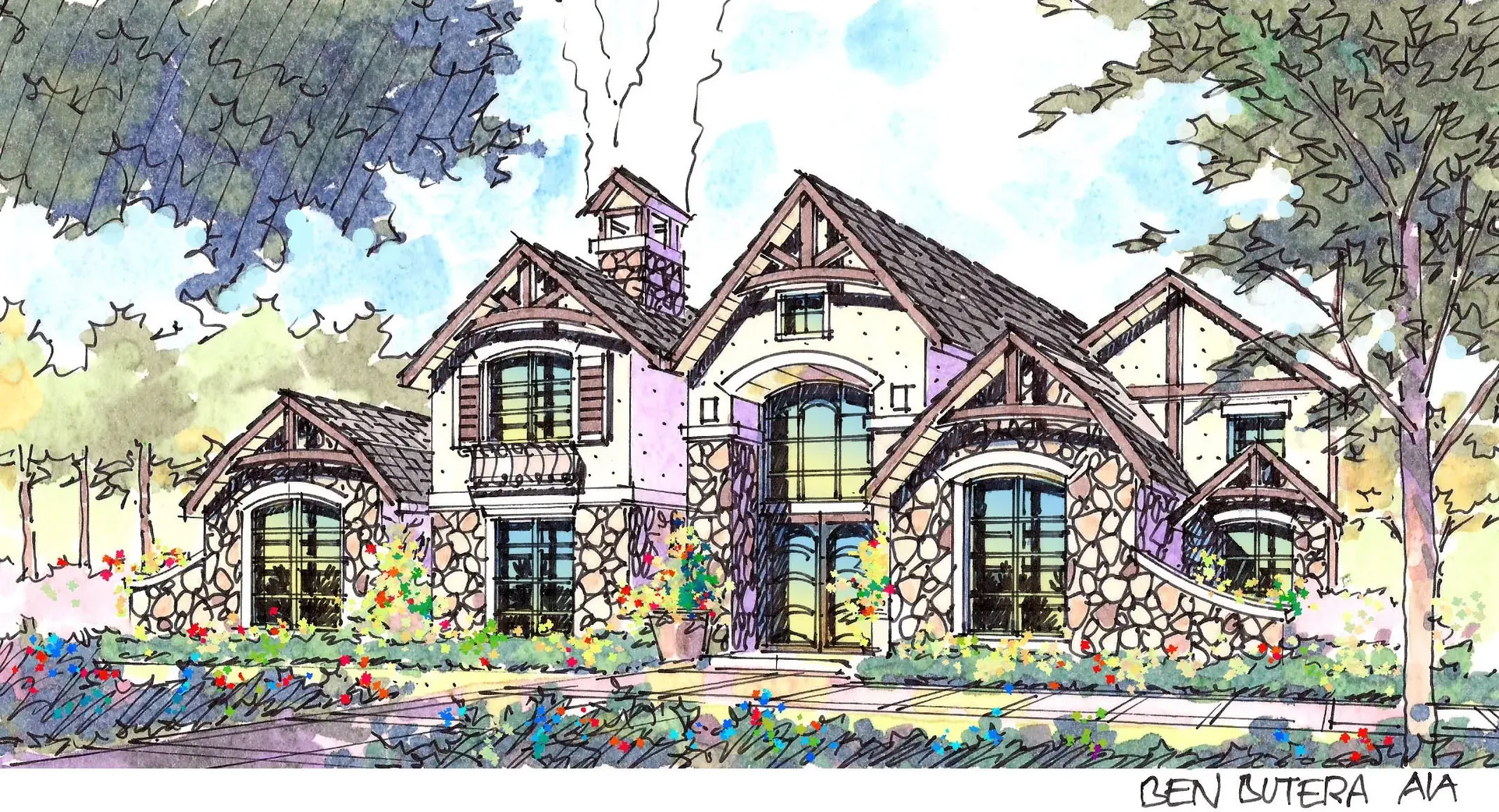 Landscape architecture courtyard design center 3D model of home renovation exterior rendering by architect Ben Butera.