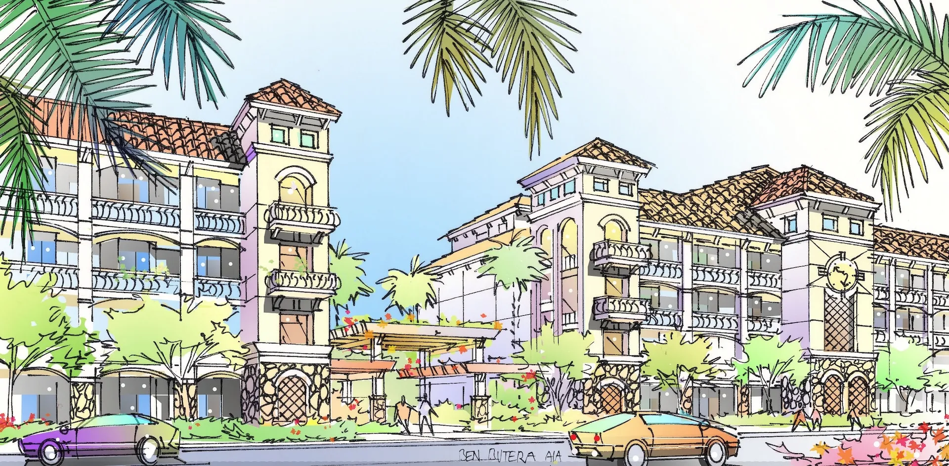 Exterior renderings of a Mediterranean-style gated community clubhouse and luxury condo buildings, by architect Ben Butera.